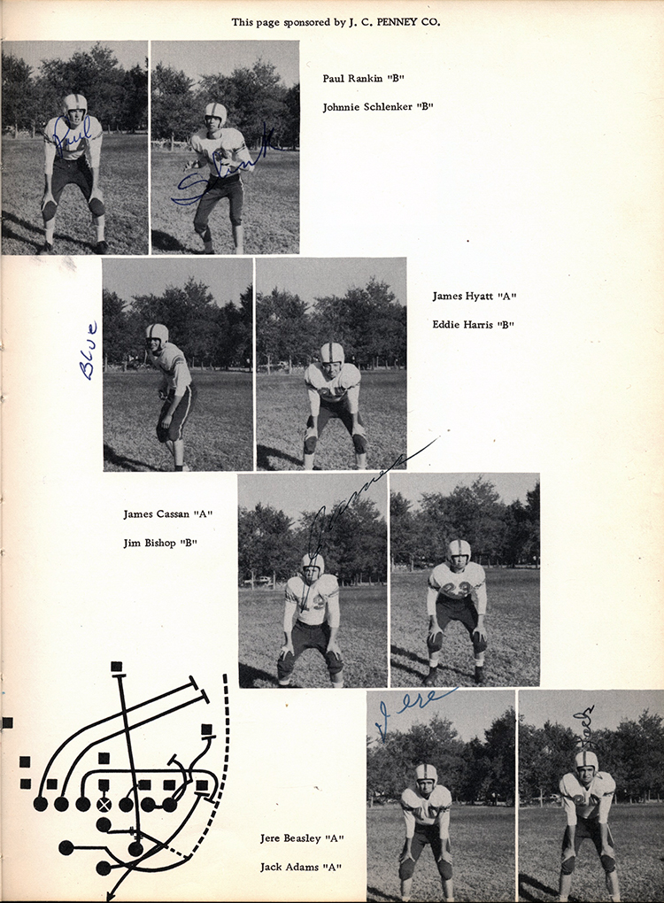 <this page sponsored by j. c. penny co. paul rankin b johnnie schlenker b james hyatt  eddie harris james cassan a jim bishop b jere beasley a jack adams a gary smith carries against roswell h. r. terry a coach howard batson and max norwood bob worley ken dunsworth>