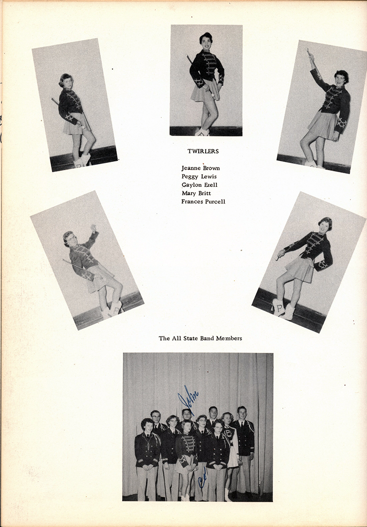 <twirlers Jeanne Brown Peggy Lewis, Gaylon Ezell, Mary Britt, Frances Purcell>