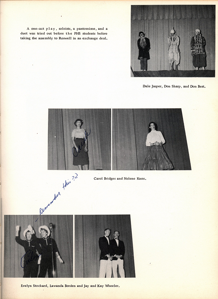 <a one-act play, soloists, a pantomine, and a duet dale jasper, don sharp and don best carol bridges nolene knox evelyn stockard lawanda borden jay and kay wheeler>