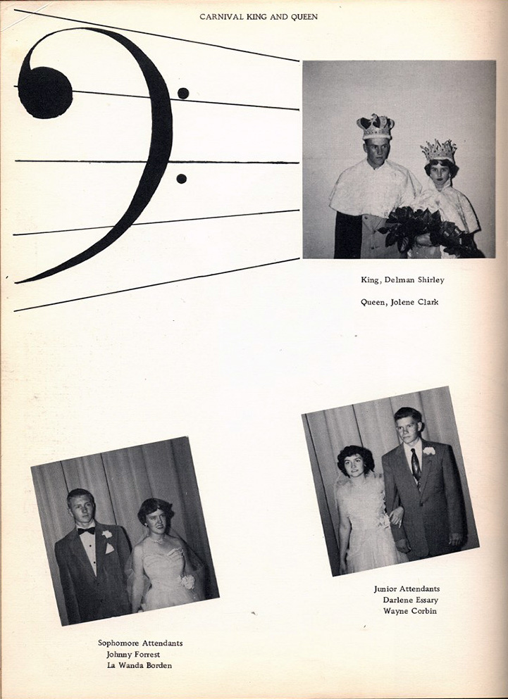 <carnival king and queen delman shirley jolene clark johnny forrest la wanda borden darlene essary wayne corbin junior attendants sophomore attendants>