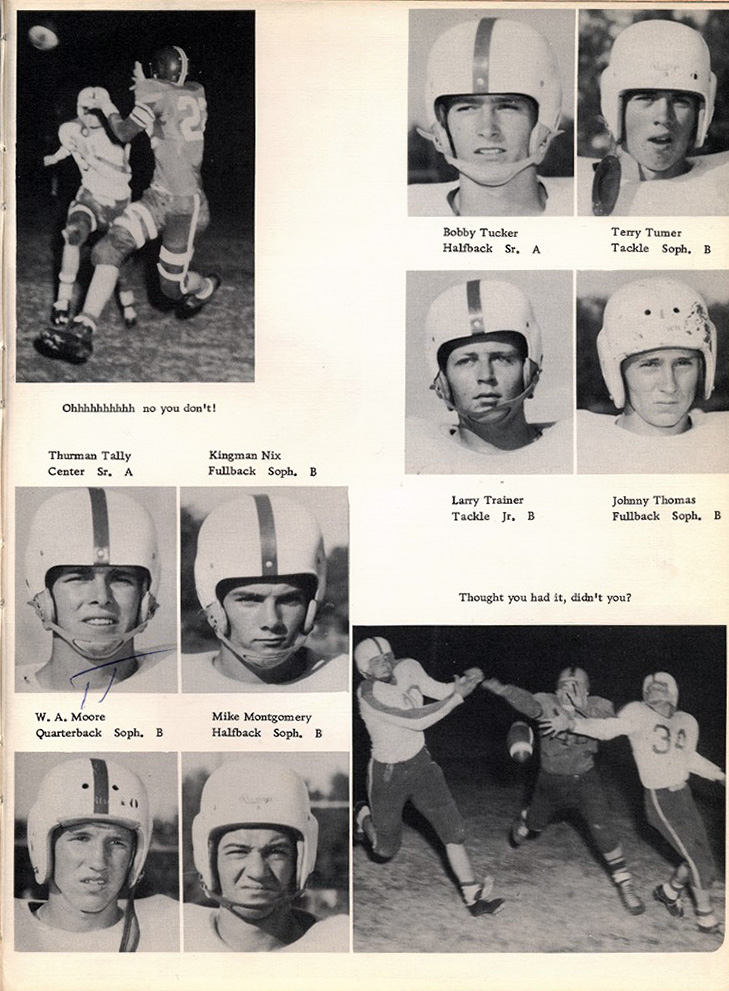 bobby tucker halfback sr. a terry turner tackle soph. b thurman tally center sr. a kingman fullback soph. b larry trainer tackle jr. b johnny thomas fullback soph. b w. a. moore quarterback soph b. mike montgomery halfback soph. b 